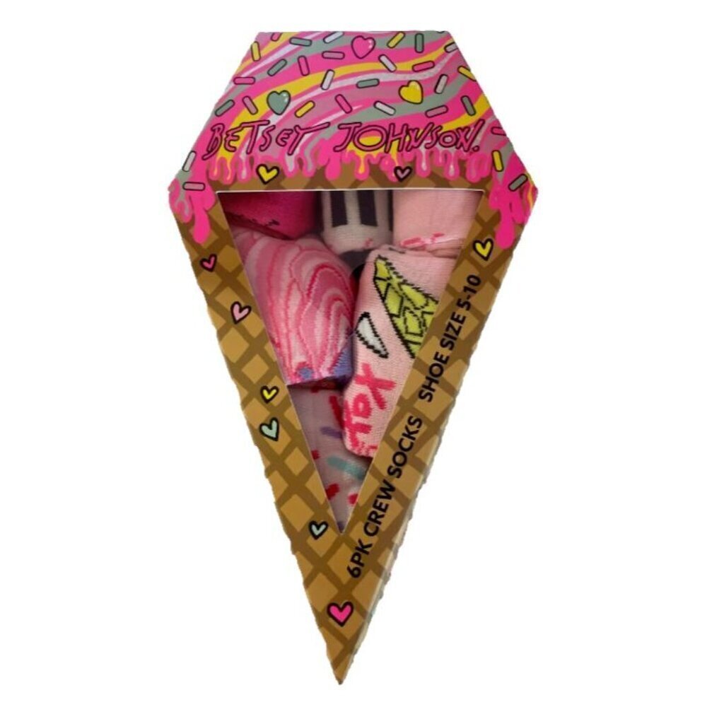 New In Box Betsey Johnson 6 Pack Crew Socks Pink & Ice Cream Theme Sz 5-10